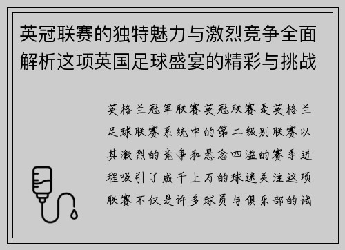 英冠联赛的独特魅力与激烈竞争全面解析这项英国足球盛宴的精彩与挑战